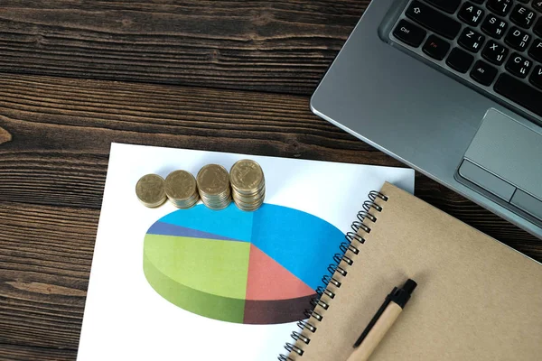 Step of coins stacks with notebook laptop computer and financial graph on white paper on working table, business planning vision and finance analysis concept idea. and copy space for add text.