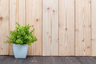 Küçük dekoratif ağaç ve çiçek buketi kopya alanı ile ahşap masa üzerinde beyaz cam aranjman. arka plan.