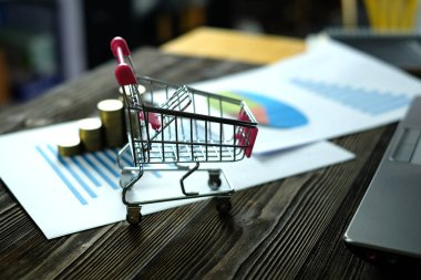 Çalışma tablosu, iş görme ve Finans analiz kavramı fikir planlaması üzerinde kağıt üzerinde adım para yığınları arabası ve dizüstü dizüstü bilgisayar ve mali grafik ile /. ve kopya alanı için metin ekleme.