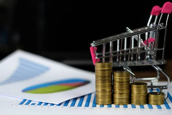 Çalışma tablosu, iş görme ve Finans analiz kavramı fikir planlaması üzerinde kağıt üzerinde adım para yığınları arabası ve dizüstü dizüstü bilgisayar ve mali grafik ile /. ve kopya alanı için metin ekleme.