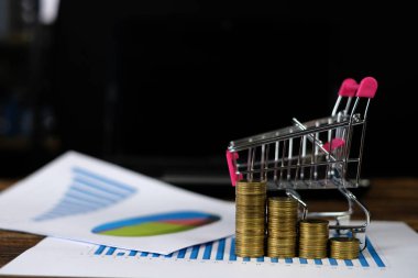Çalışma tablosu, iş görme ve Finans analiz kavramı fikir planlaması üzerinde kağıt üzerinde adım para yığınları arabası ve dizüstü dizüstü bilgisayar ve mali grafik ile /. ve kopya alanı için metin ekleme.