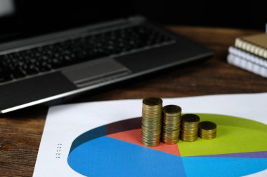 Beyaz kağıt çalışma tablosu, iş planlama vizyonu ve Finans analiz kavramı fikir üzerinde adım para yığınları dizüstü dizüstü bilgisayar ve mali grafik ile /. ve kopya alanı için metin ekleme.