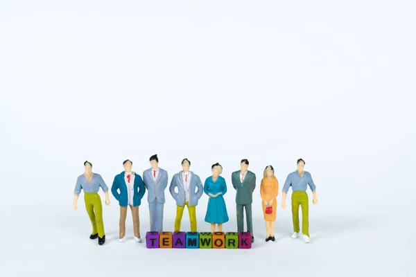 Teamwork Testo Gruppo Figura Miniatura Imprenditore Piccole Persone Investitore Impiegato — Foto Stock