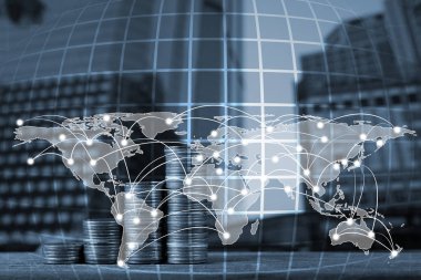 Sikke yığını adım şehir ve ofis binası arka plan, Dünya Haritası, küresel ağı iş kavramı fikir, bankacılık üst ahşap çalışma tablo öğesi Nasa tarafından.