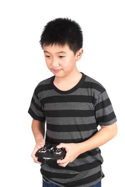 Asian Boy Holding Hexacopter Drone Radio Remote Control Controlling Handset — Stock Photo, Image