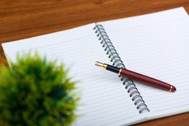 Dolma kalem veya tükenmez kalem defter kağıt ve küçük dekorasyon ağaç ahşap çalışma masa kopya alanı, office Danışma konsept fikir ile üzerinde beyaz cam aranjman.