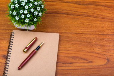 Dolma kalem veya tükenmez kalem defter kağıt ve küçük dekorasyon ağaç ahşap çalışma masa kopya alanı, office Danışma konsept fikir ile üzerinde beyaz cam aranjman.