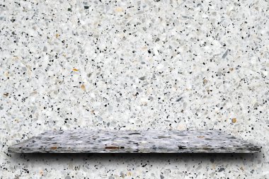 Cilalı terrazzo terrazzo duvar arka plan, ürün görüntüleme, taş raflarda boş üst rafta ürün koyabilirsiniz.