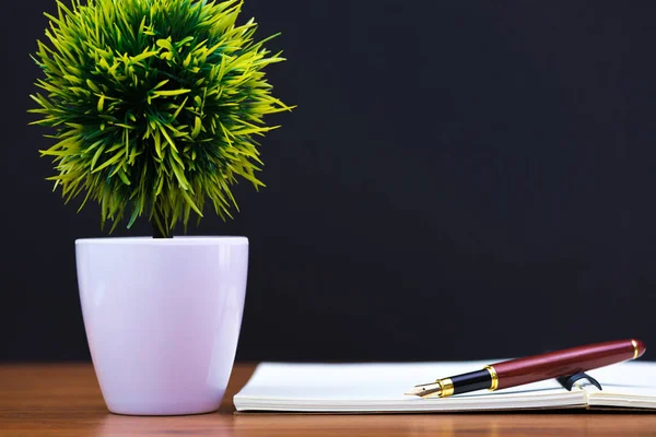 Fountain pen or ink pen with notebook paper and little decoration tree in white vase on wooden working table with copy space, office desk concept idea.
