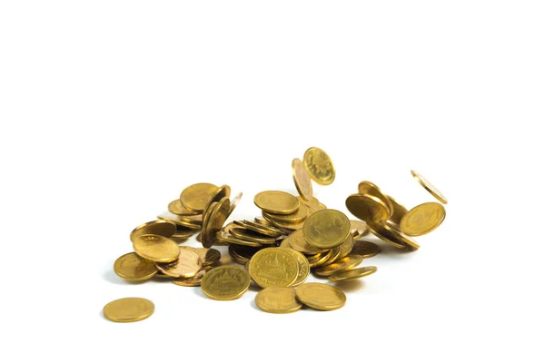 Caduta Monete Oro Denaro Isolato Sullo Sfondo Bianco Denaro Affari — Foto Stock