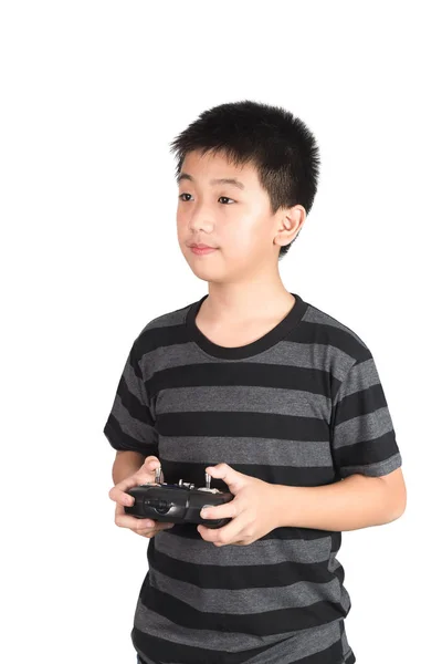 Asiatiska Boy Håller Radiosände Fjärrkontroll Kontrollerande Handenhet För Helikopter Drone — Stockfoto