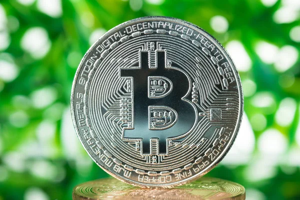 Bitcoin digital currency,  bit-coin on green blurred bokeh background, Cryptocurrency money concept idea.