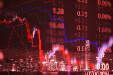 Borsa fiyatı ekran ve şehir arka plan, borsa ticaret, yatırım ve finansal kavram fikir göstergesi olan mum çubuk grafik grafik çift pozlama.
