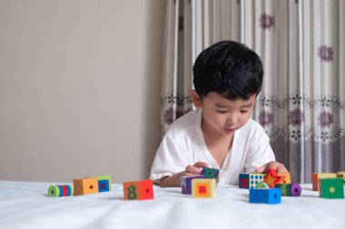 3 yıl eski küçük şirin Asyalı çocuk oynamak oyuncak ya da kare blok bulmaca evde yatakta, yalan blok şekli veya parçalar, eğitim ve sağlıklı kavramı oynayarak öğrenmek.