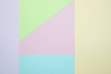 Moda pastel kağıt düz renkli yatıyordu üstten görünüm, geometrik arka plan dokusu, pembe, mor, sarı, bej, yeşil ve mavi renk.