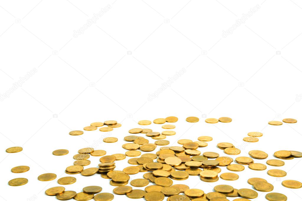 Falling gold coins money isolated on the white background, business money and finance concept idea.