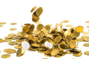 Arka plan, iş para altın para üzerinde beyaz izole düşen ve kavram fikir Finans.