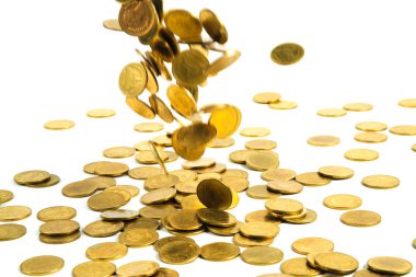 Arka plan, iş para altın para üzerinde beyaz izole düşen ve kavram fikir Finans.