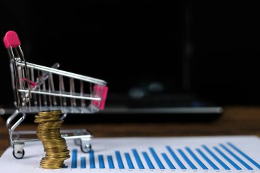 Çalışma tablosu, iş görme ve Finans analiz kavramı fikir planlaması üzerinde kağıt üzerinde adım para yığınları arabası ve dizüstü dizüstü bilgisayar ve mali grafik ile /. ve kopya alanı için metin ekleme.