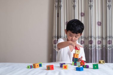3 yıl eski küçük şirin Asyalı çocuk oynamak oyuncak ya da kare blok bulmaca evde yatakta, yalan blok şekli veya parçalar, eğitim ve sağlıklı kavramı oynayarak öğrenmek.