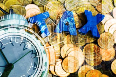 Vergi alfabe çift pozlama şehir arka plan ve mali grafik, iş ve vergi kavramı fikir ödeme vakti mali üzerinde para yığını ile.