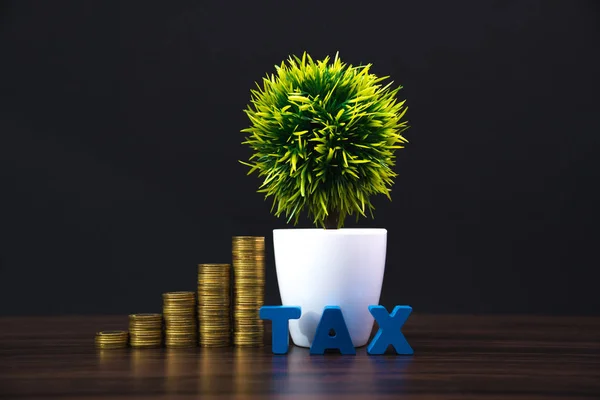 Концепція Tax Алфавіт Tax Стосом Монети Темному Фоні Бізнес Фінансова — стокове фото