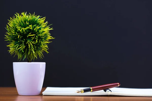 Fountain pen or ink pen with notebook paper and little decoration tree in white vase on wooden working table with copy space, office desk concept idea.