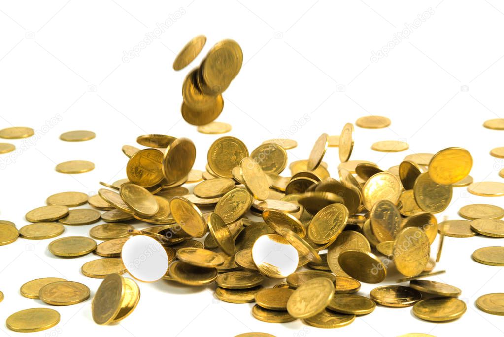 Falling gold coins money isolated on the white background, business money and finance concept idea.