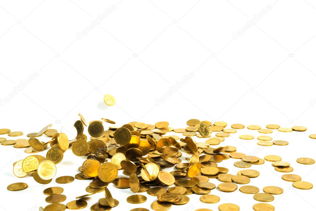 Falling gold coins money isolated on the white background, business money and finance concept idea.