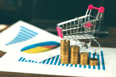 Çalışma tablosu, iş görme ve Finans analiz kavramı fikir planlaması üzerinde kağıt üzerinde adım para yığınları arabası ve dizüstü dizüstü bilgisayar ve mali grafik ile /. ve kopya alanı için metin ekleme.