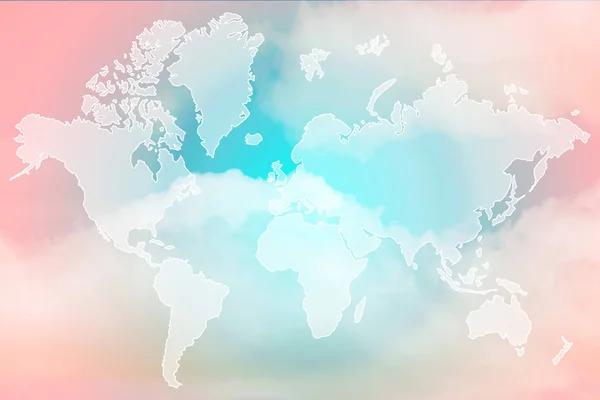 Doppelbelichtung Der Weltkarte Über Süßen Pastellfarbenen Wolken Und Himmel Mit — Stockfoto