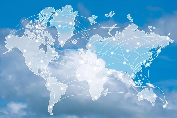 Doppelbelichtung Von Weltkarte Und Globalem Netzwerk Oder Drahtlosem Kommunikationsnetzwerk Über — Stockfoto