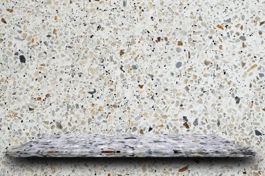 Cilalı terrazzo terrazzo duvar arka plan, ürün görüntüleme, taş raflarda boş üst rafta ürün koyabilirsiniz.