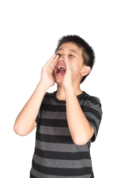 Asian Child Yelling Screaming Shouting Hand His Mouth Isolated White — Stock Photo, Image