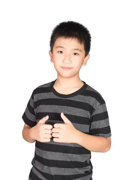 亚裔男孩做 显示大拇指与微笑 隔绝在白色背景 — 图库照片