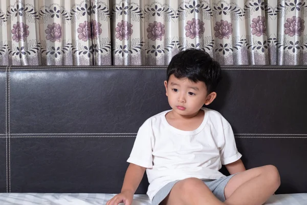 Years Old Little Sick Illness Asian Boy Home Bed Sad — Stock Photo, Image