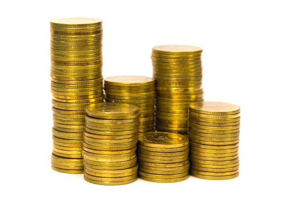 Columns Coins Piles Coins White Background Business Financial Concept Idea — Stock Photo, Image