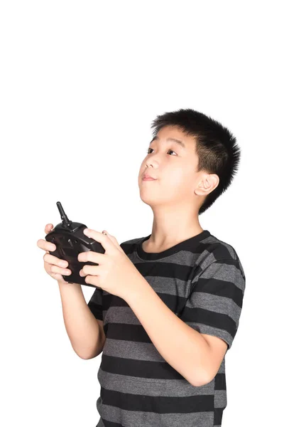Asiatiska Boy Håller Hexacopter Drone Och Radio Fjärrkontroll Kontrollerande Handenhet — Stockfoto