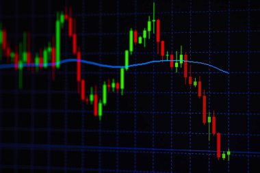 Mum çubuk grafik grafik boğa noktası veya EUR'daki aşağı hareket noktası, borsa veya borsa ticaret, yatırım ve finansal kavramı fiyat trendi aşağı veya yukarı eğilim gösteren gösterge ile.
