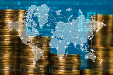 Madeni para yığınının şehir arka plan ve Dünya Haritası, mali grafik, Dünya Haritası ve küresel ağ iş kavramı fikri, Nasa tarafından öğe çift pozlama.