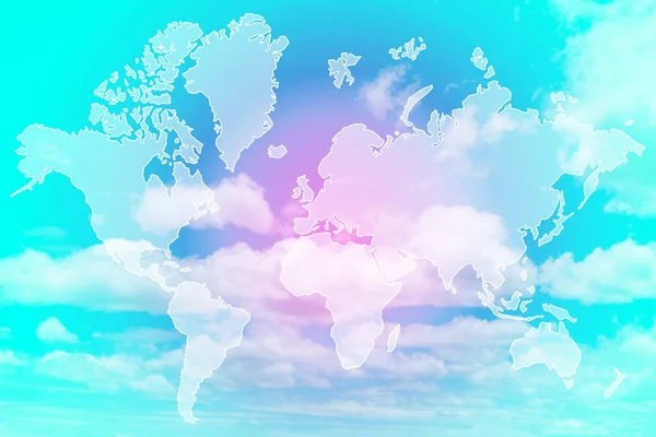 Dubbel Exponering Världskartan Ovanför Söta Pastell Färgade Moln Och Himmel — Stockfoto