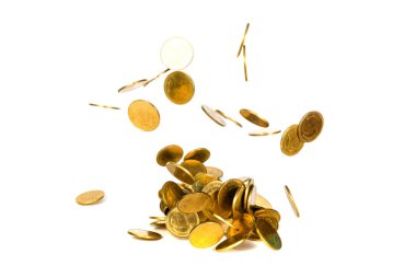 Beyaz arka plan, iş ve mali servet izole para yağmur ve kar kavramı fikir alabilir düşen altın sikke, sikke, uçan hareketi.