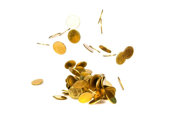 Pohyb Padající Zlaté Mince Létající Mince Pršet Peníze Izolovaných Bílém — Stock fotografie