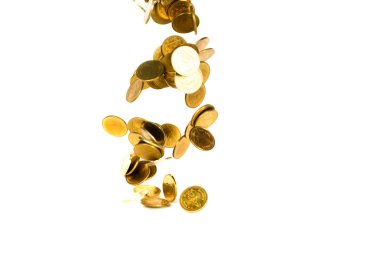 Beyaz arka plan, iş ve mali servet izole para yağmur ve kar kavramı fikir alabilir düşen altın sikke, sikke, uçan hareketi.