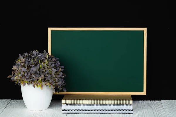 Back School Education Concept Idea Green Chalkboard Pile Notebook Paper — Stock Photo, Image