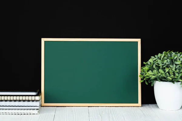 Back School Education Concept Idea Green Chalkboard Pile Notebook Paper — Stock Photo, Image