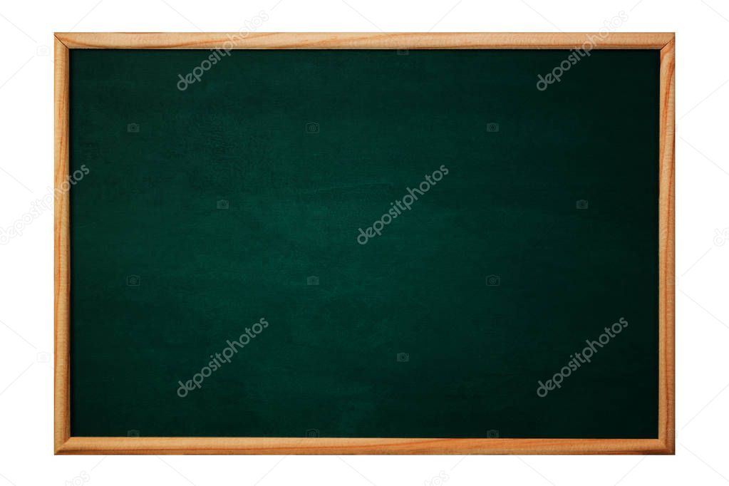 Empty green chalkboard or school board background and texture with wood frame, education and back to school concept idea.