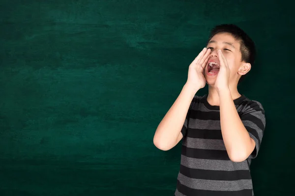 Heureux Enfant Asiatique Souriant Sur Tableau Vert Vide Avec Espace — Photo