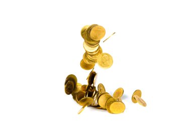 Beyaz arka plan, iş ve mali servet izole para yağmur ve kar kavramı fikir alabilir düşen altın sikke, sikke, uçan hareketi.