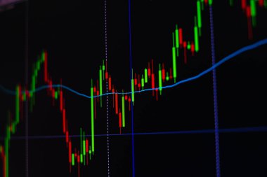 Mum çubuk grafik grafik boğa noktası veya EUR'daki aşağı hareket noktası, borsa veya borsa ticaret, yatırım ve finansal kavramı fiyat trendi aşağı veya yukarı eğilim gösteren gösterge ile.